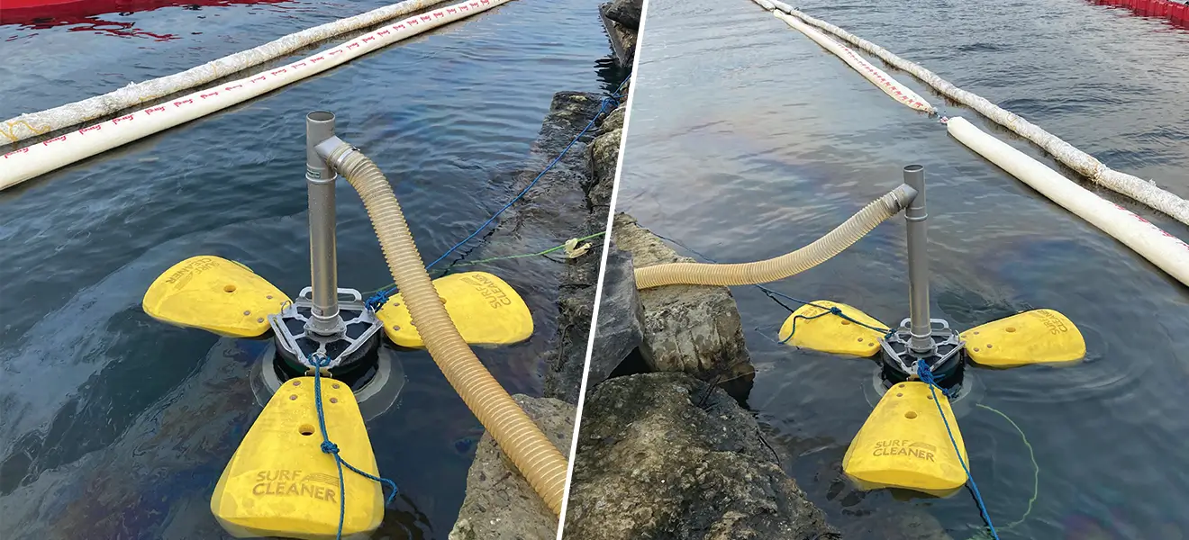 Surfcleaner SCO 1000 oil-water surface separator cleans up an oil spill at the shoreline. The system is shown collecting and removing oil sheen from the water surface.